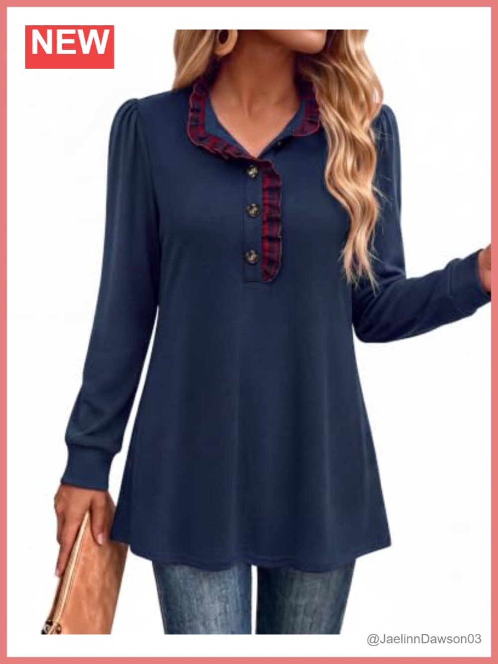 Women's Long Sleeve Tunic Sweater Button Ruffle Stand Collar Plaid